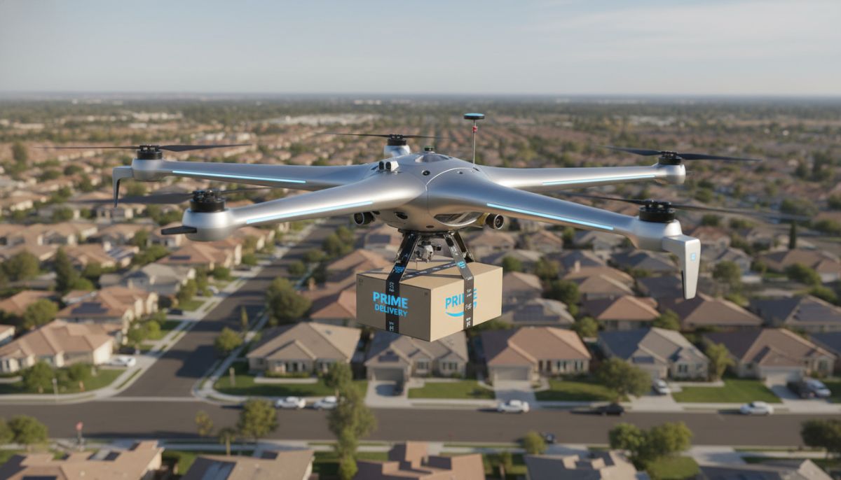 A sleek commercial delivery drone carrying a small parcel flying over a suburban residential area during the day, high-tech aesthetic, professional photography