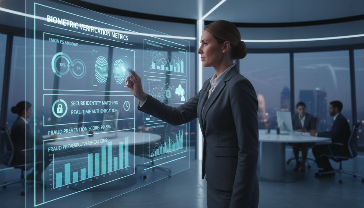 A professional insurance agent reviewing a data dashboard of biometric verification metrics, highlighting secure, real-time identity matching, high-tech financial office setting